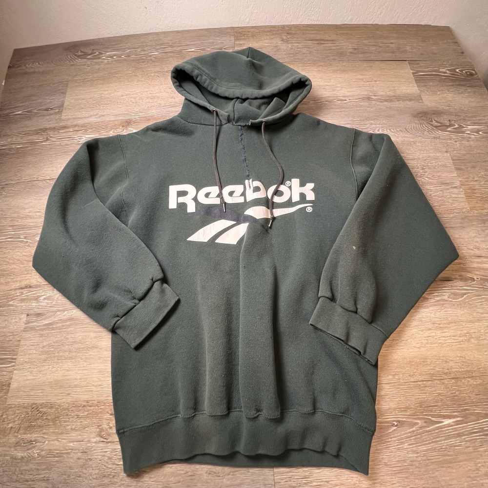 Reebok Hoodie Mens Medium Green Vintage 90s Pullover Logo Made in USA Distressed